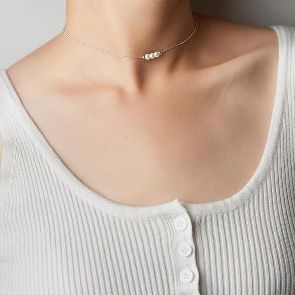 Dainty Crystal 925 Sterling Silver Choker Collar Necklace Handmade With 3 Beads - Picture 4 of 6